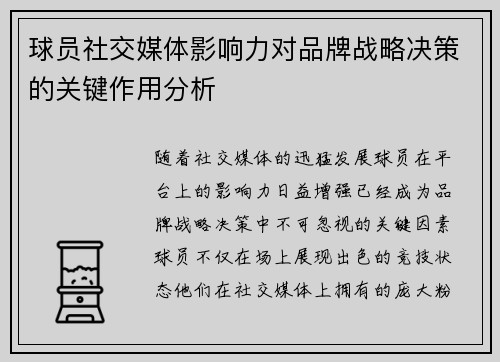 球员社交媒体影响力对品牌战略决策的关键作用分析